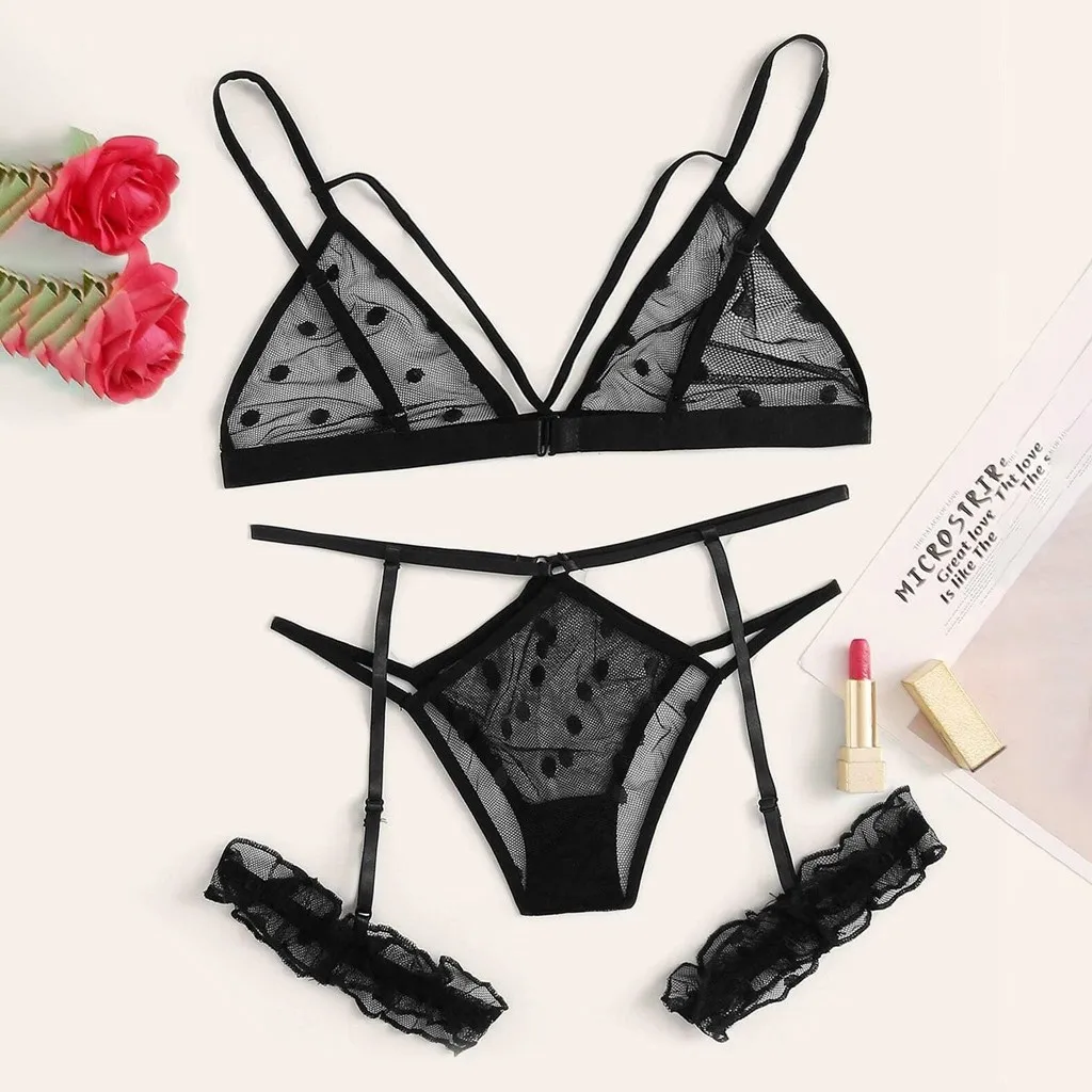 Women Plus Size Bra Set Hot Erotic Sexy Costumes Lace Underwear Seamless Bra Thong Garters Polka Dot Bralette Sexy Lingerie Sets