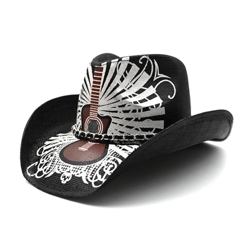 Retro Punk Guitar Skull Horse Riding Stiff Spray Paint Painted Big Brim Western Straw Cowboy Hat Sun Protection Sunshade