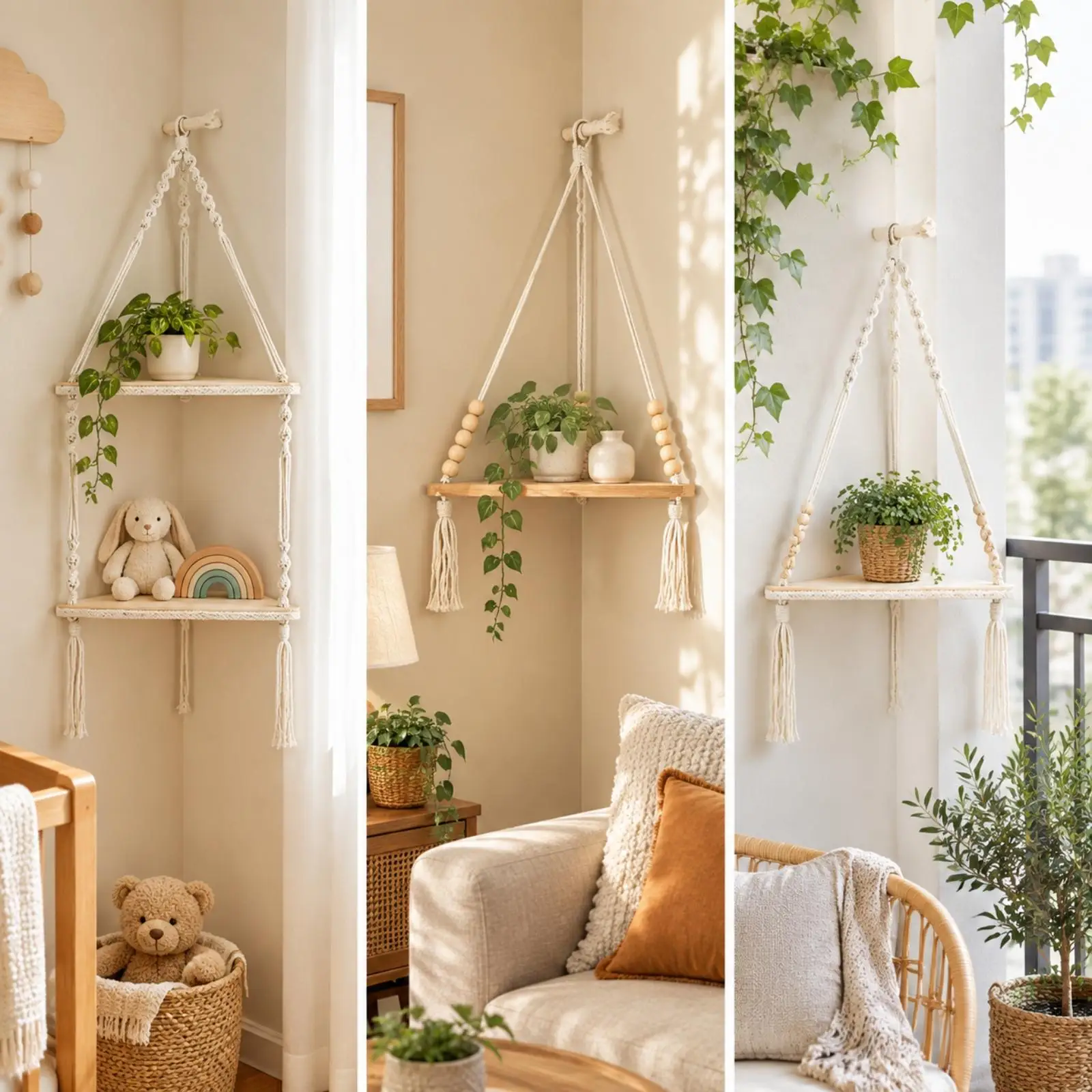 Natural Wood Cotton Rope Triangle Wall Shelf Floating Storage Rack for Small Decor Items
