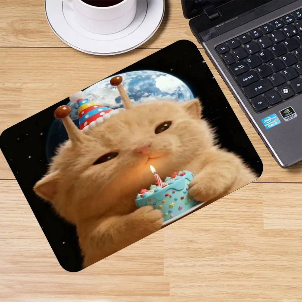 Festive Alien Cat In Christmas Suit Holding Pineapple Against Planet View Fit Laptop Desktop Mousepad