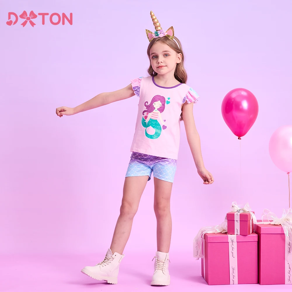 

DXTON Summer Girls Clothing Set Flying Shorts Sleeve Kids Tops with Shorts Mermaid Printed New 2PCS Suit Toddlers Girls Costumes