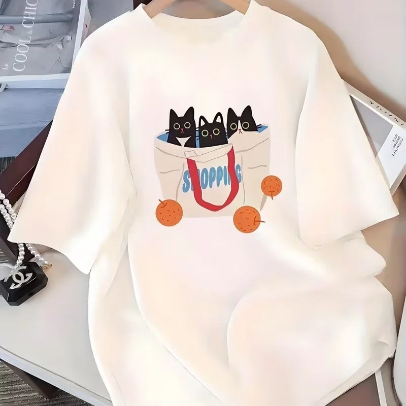 Camiseta con estampado de gatos en bolsa de la compra, camiseta gráfica de gatitos adorables en bolsa de supermercado, camiseta de manga corta unisex para amantes de los gatos, para hombres y mujeres