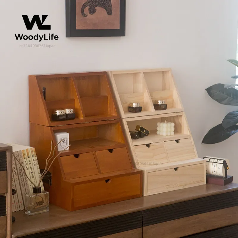 Retro Solid Wood Desktop Creative Storage Cabinet Wooden Multi-layer Drawer Medieval Table Display Dust Rack
