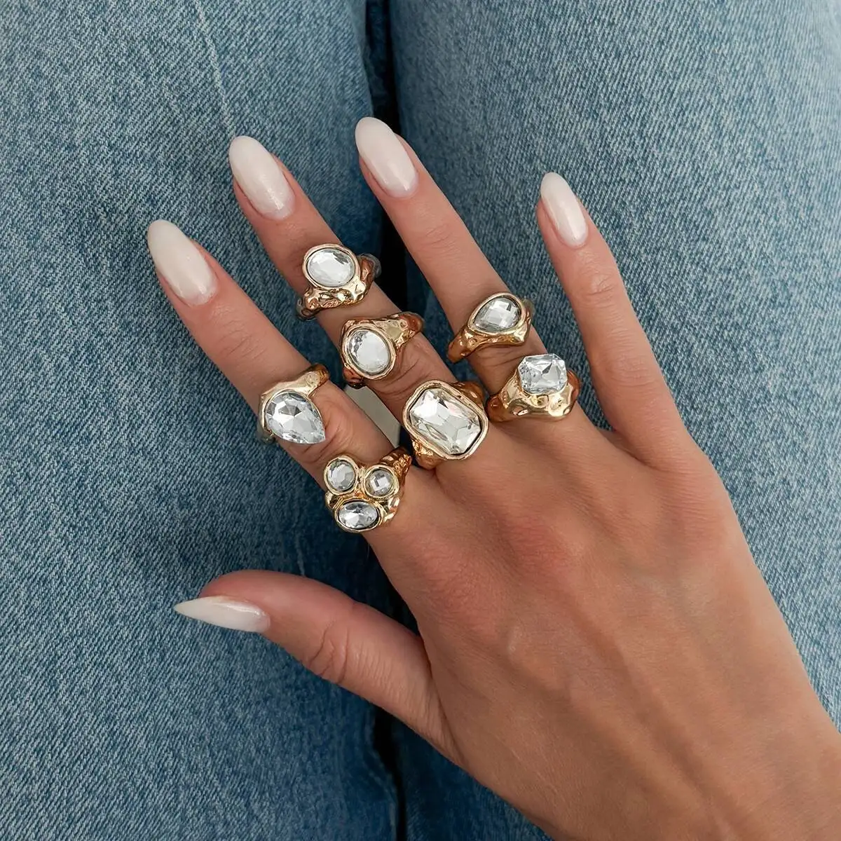 SHIXIN 7 Pcs Exquisite Sparkling Glass Drill Open Ring Women 2026 Trendy Irregular Geometric Metal Ring Wedding Jewelry Accessor