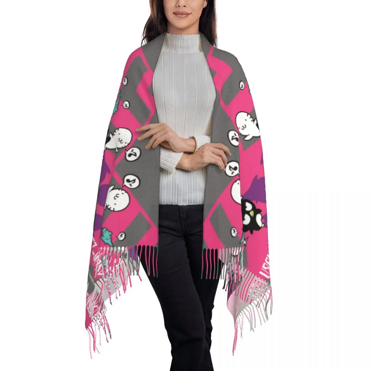 Bufanda con estampado de Animes Bad Badtz Maru Kawaii para hombre y mujer, chal cálido de dibujos animados, invierno y otoño