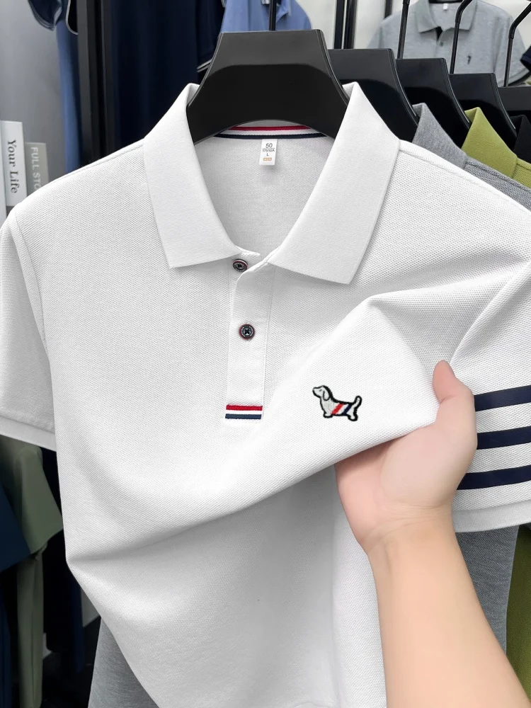 100% pure cotton short sleeve high-end brand cartoon dog embossed men's T-shirt summer new Korean casual breathable polo shirt