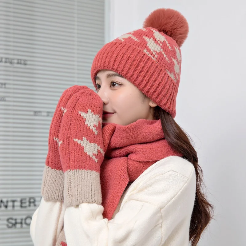 Winter Hat Women's Korean-Style Fleece-Lined Thickened Woolen Cap Thermal Knitting Fashion Scarf Gloves Set Gift Box for Student