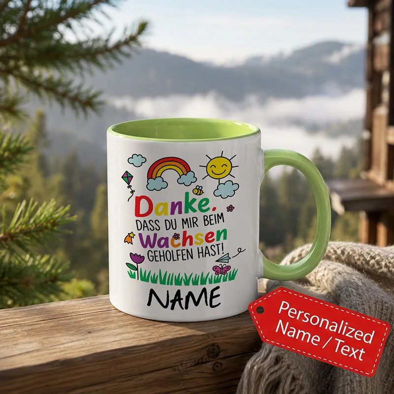Personalized Teacher Thank You Themed 11oz Ceramic Coffee Mug German Text Saying Danke Colorful Rainbow and Sun Teacher Gifts