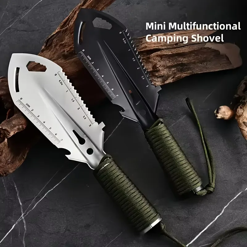 Multi-Purpose Camping Shovel - Heavy-Duty Metal Survival Tool with Serrated Edge,Ergonomic Handle & Carabiner Clip 8-in-1