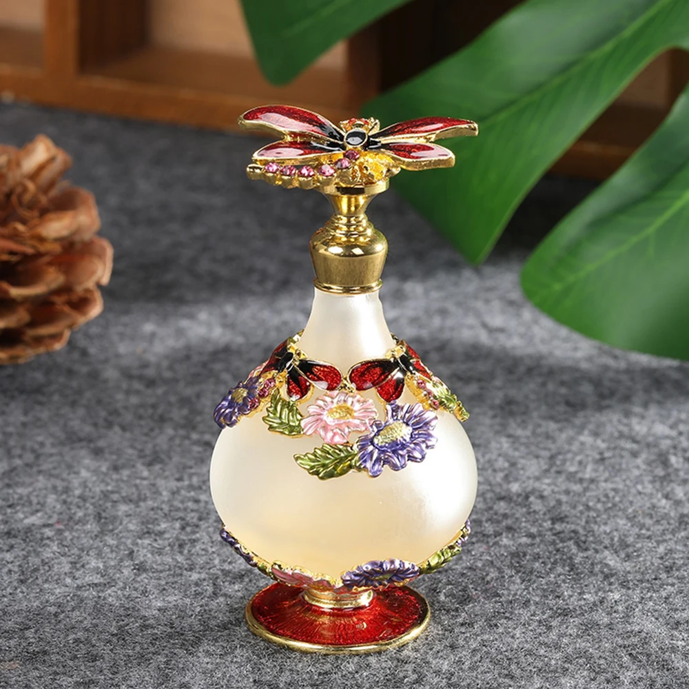 1pc 25ml Perfume Bottle Vintage Frosted Glass Empty Container Hollow Metal Gem Embossed Butterfly Flower Refillable Decor Home