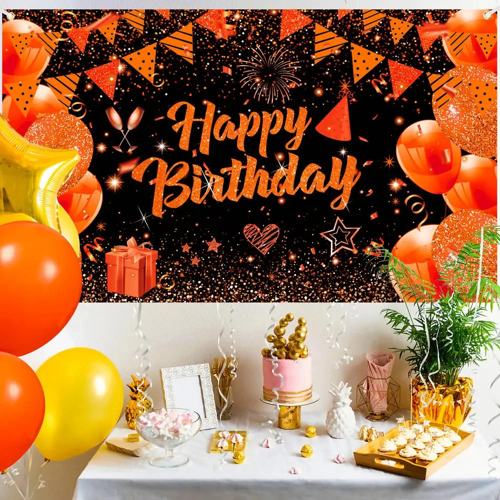 Orange Birthday Banner Decorations Happy Birthday Backdrop Champagne Glass Balloons Photo Booth Background for Girls Women Men