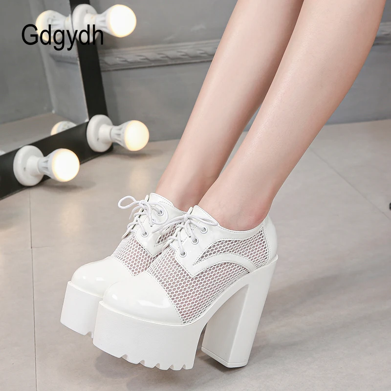 Gdgydh Spring Summer High Heeled Platform Pumps Air Mesh Breathable Ladies Party Shoes Lace Up Closed Toe Black White