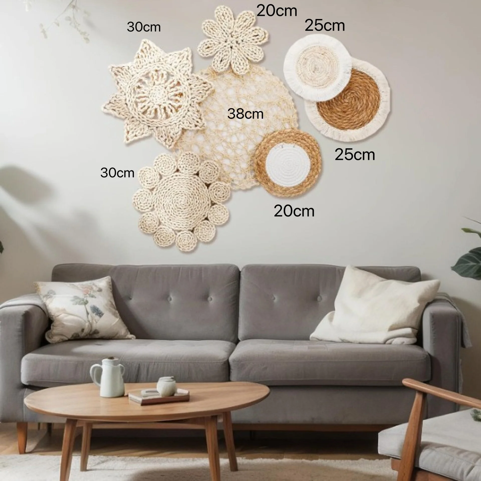 مجموعة ديكور حائط مكرامية مقسمة - طقم تعليق بوهو منسوج يدويًا من الشمال مع خرزات خشبية، فن جداري ثلاثي الأبعاد لخلفيات غرفة المعيشة #2