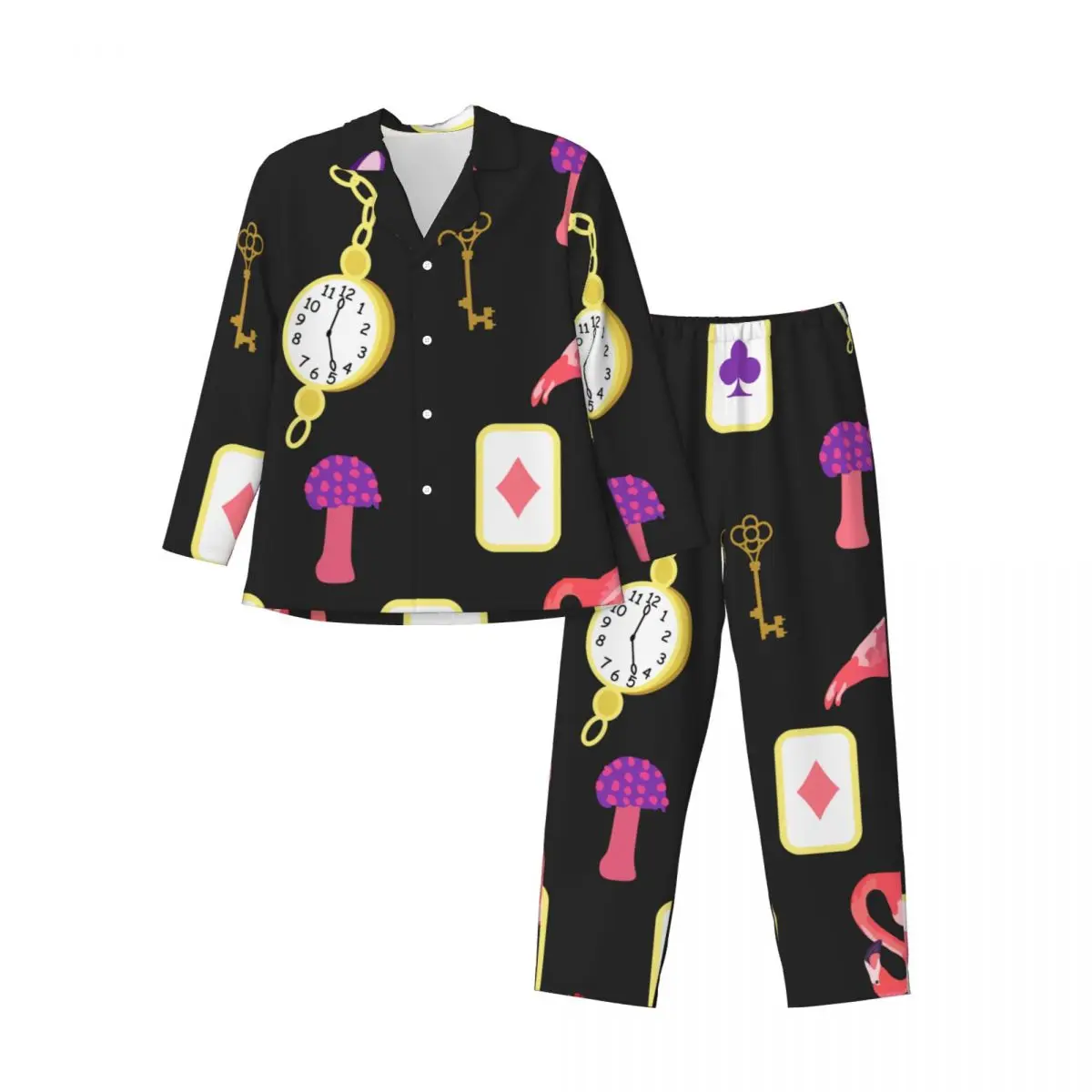 Men Pajamas Set of Autumn Winter Long-Sleeved Alice In Wonderland Cards Keys Cup Mushrooms Home Clothing Sleepwear 2PCS/Set