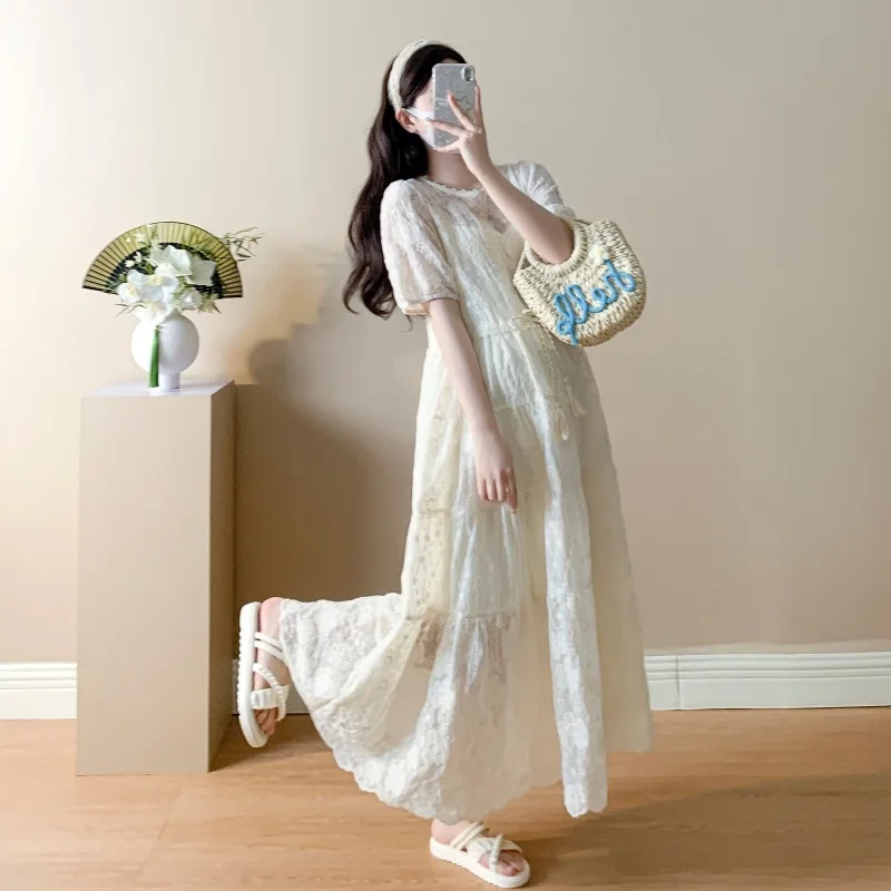 

French Luxury Maternity Set: Elegant Lace Knee-Length Dress + Top - Youthful & Sophisticated Two-Piece Pregnancy Outfit