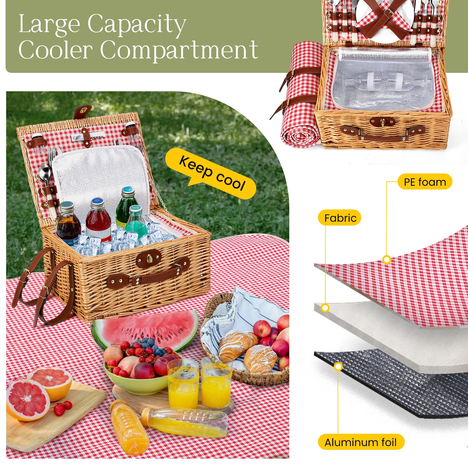 Set da Picnic Impermeabile in Vimini per 4 Persone con Scomparto Refrigerante, Tracolla Rimovibile, Borsa per Vino, Set di Posate