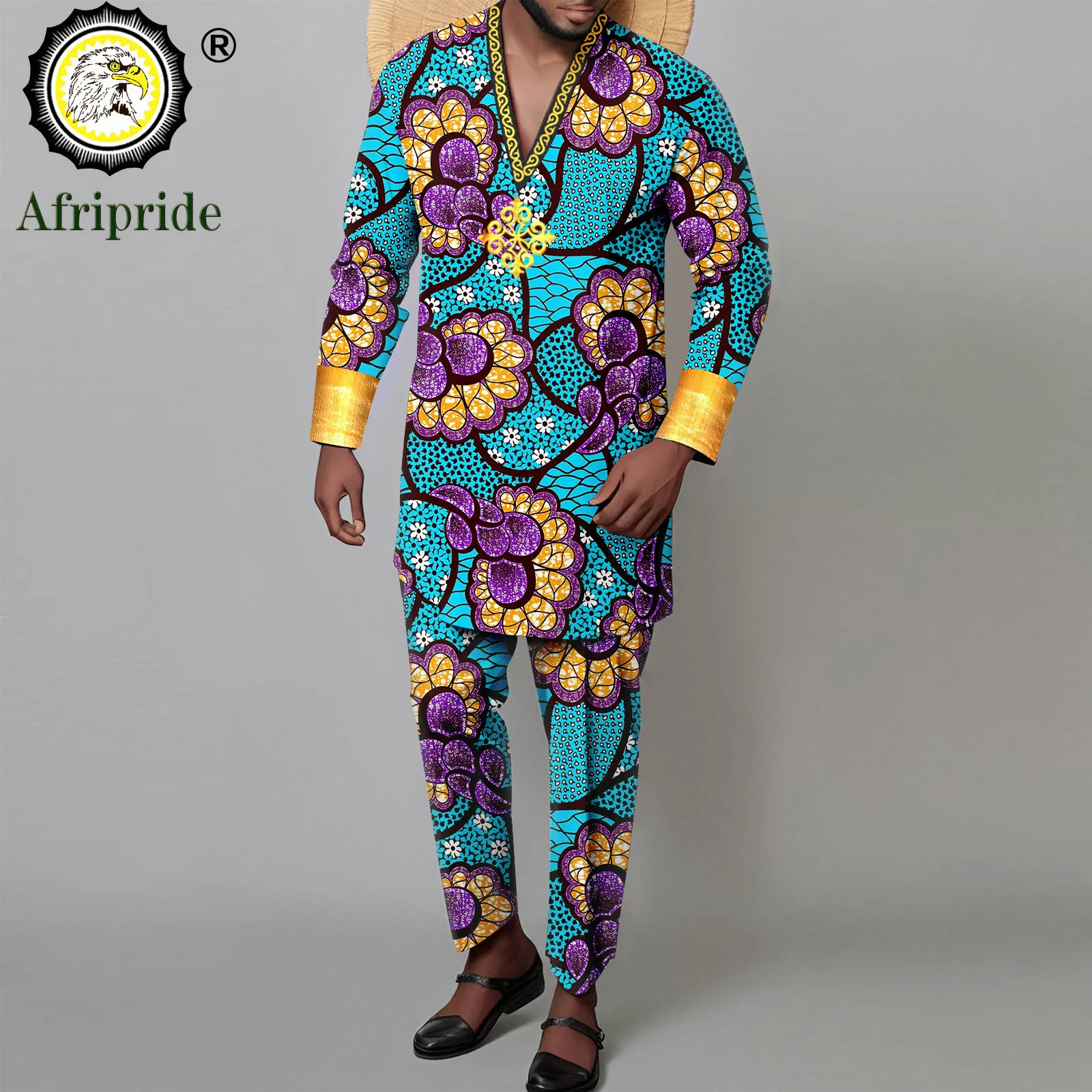 Tracksuit Men African Clothes V-neck Long Sleeve Embroidery Shirts and Pant 2 Piece Set Dashiki Attire Print Outfits A2316033