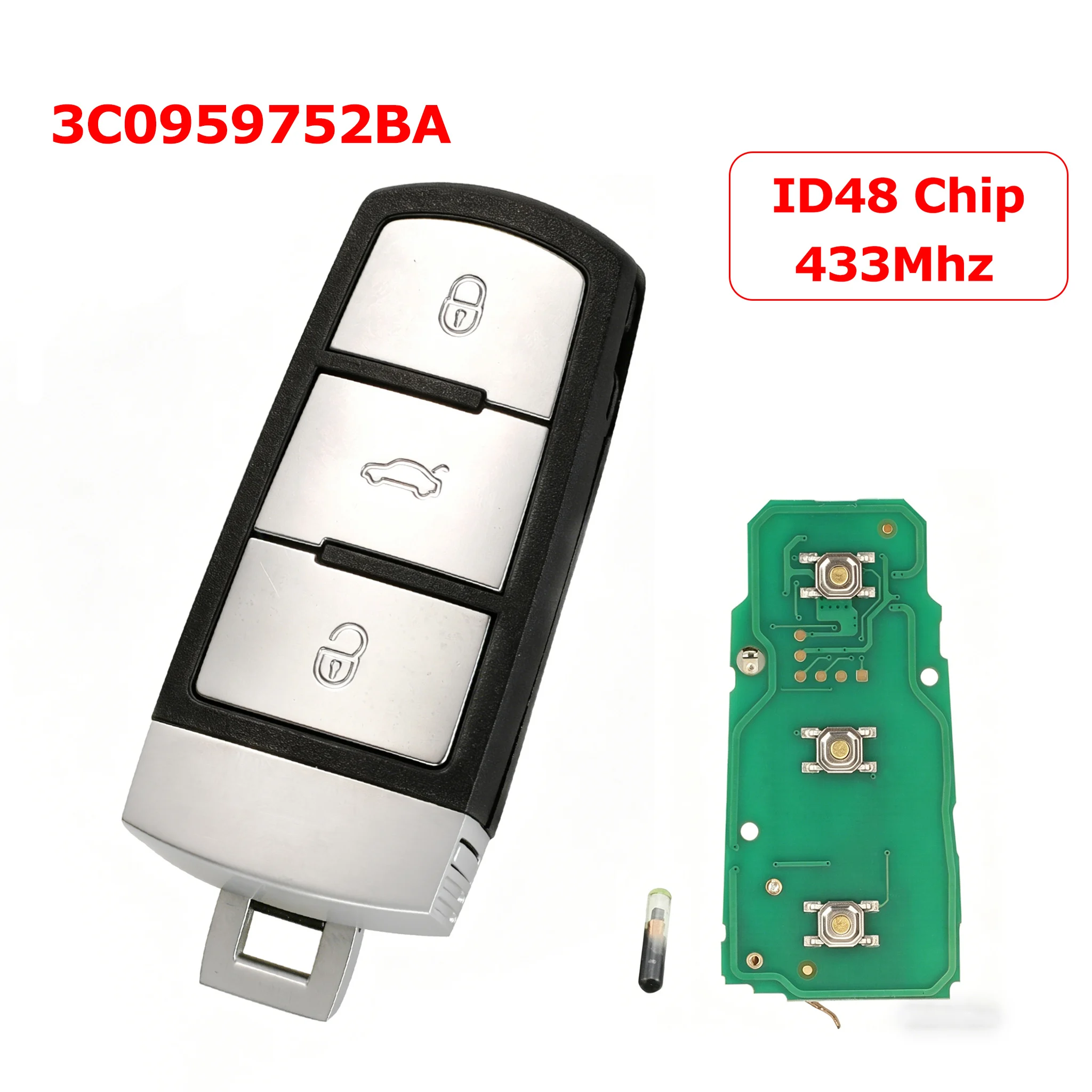 

3C0959752BA With ID48 Chip 433Mhz 3 Buttons Car Smart Remote Key For Volkswagen VW Passat B6 3C B7 Magotan CC Accessories