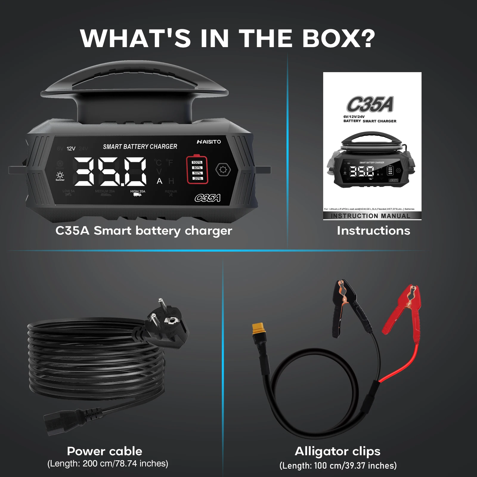 Nabíječka autobaterií HTRC 35A 6V/12V/24V Inteligentní nabíječka pro lithiové, LiFePO4, olověné, AGM baterie Automatická nabíječka pro motocykly - náhled 6