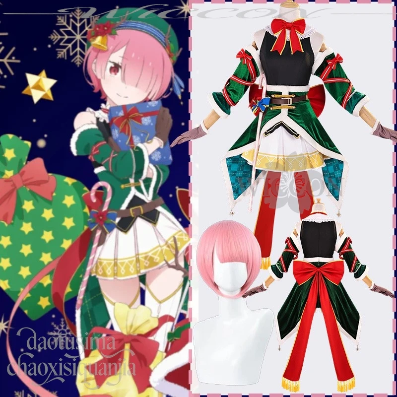 

2025 Christmas Anime Zero Ram Cosplay Costume Kawaii Sweet Lolita Sleeveless Mini Dress Red Bow Green Outfit Wig Party Event