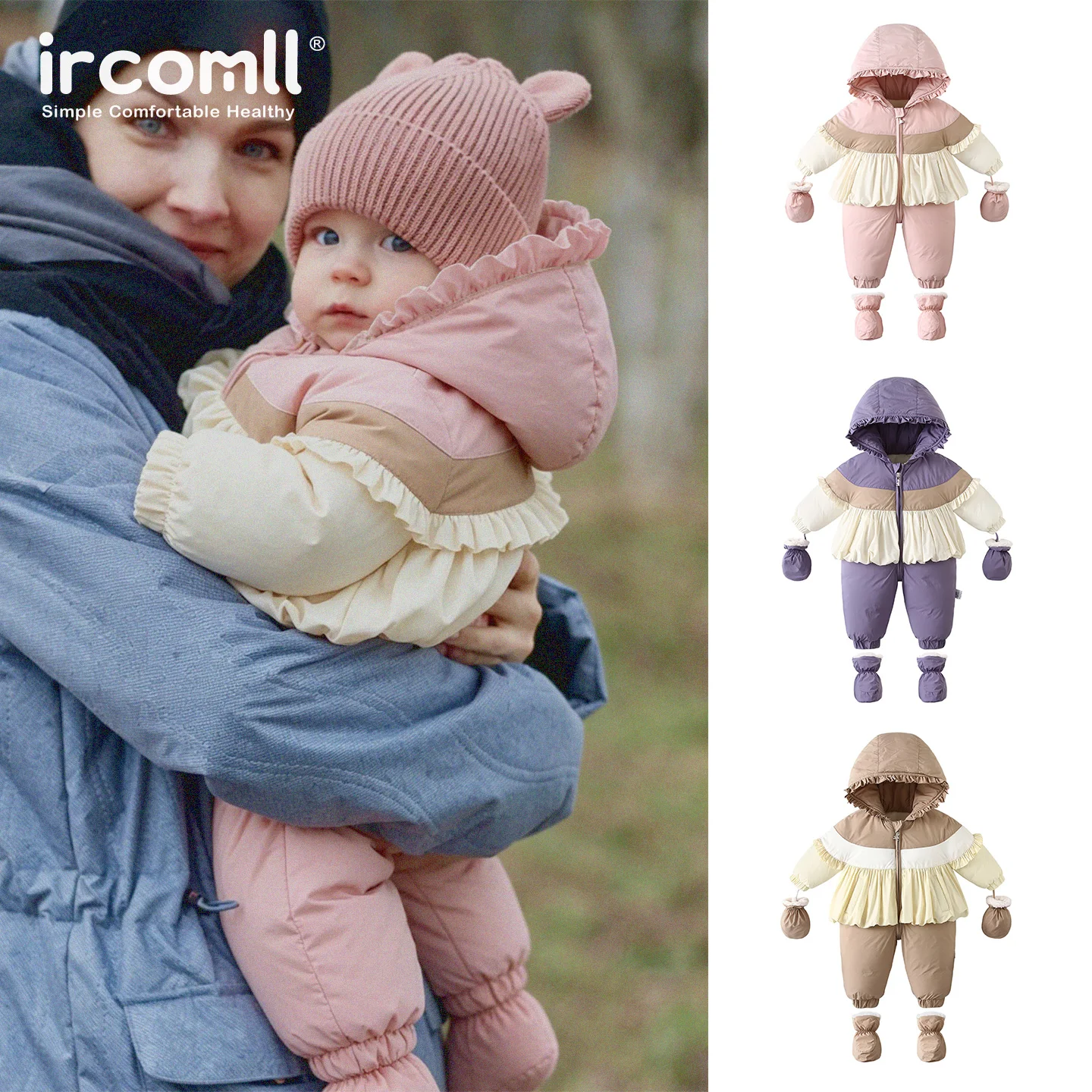Ircomll 2026 Winter Infant Jumpsuit Quilted Thick Warm Hooded Lace Baby Girl Romper Crawling Jumpsuit Winter Baby Girl Clothes