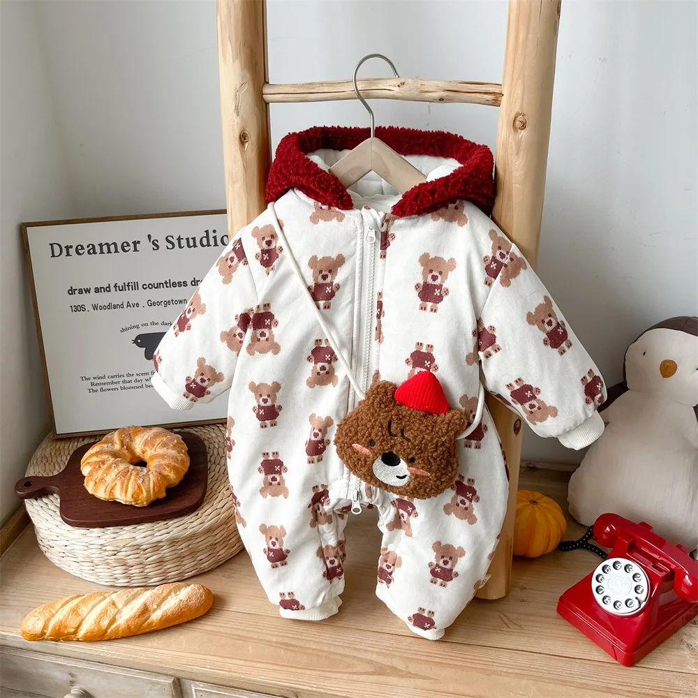 Korean Baby Girl Winter Jumpsuit Cute Little Bear Fleece Cotton Hooded Infant Girls Climbing Suit Thick Warm Newborn Girl Romper