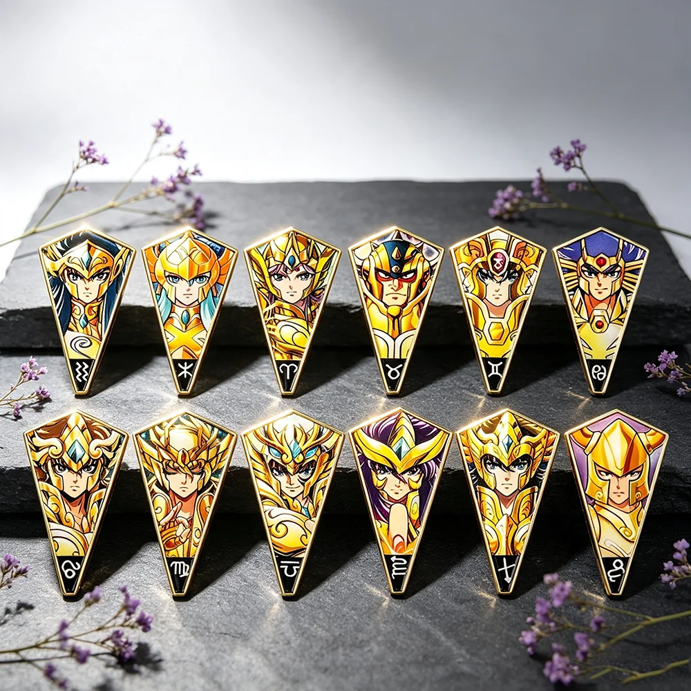 12 Golden Saint Seiya Zodiac Enamel Pins, Anime Constellation Metal Brooch Set, Collectible Lapel Badges for Backpack Clothing