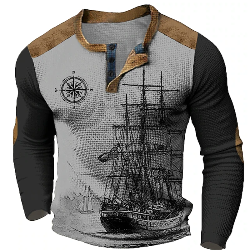 Vintage Men's T-Shirt Compass And Ship Print 3D-Printed Henley Long-Sleeve T-Shirt Loose Fit Nautical Top Men's Apparel