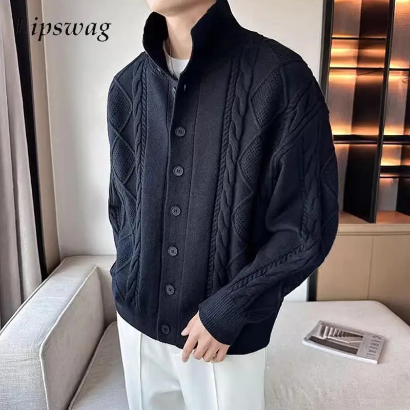 

Vintage Turtleneck Sweatercoats Men Fall Winter Warm Knitted Cardigan Jacket Mens Casual Solid Color Buttoned Jacquard Knit Coat