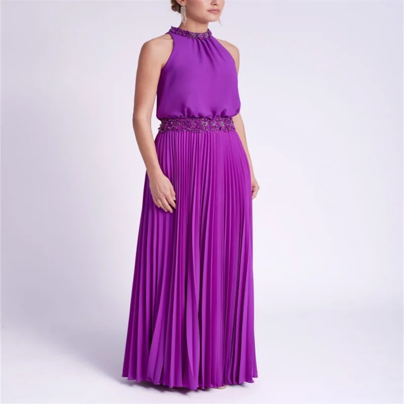 

MULONG Fuchsia Chiffon Mother Of The Bride Dresses Beach Applique Lace Hight Neck Sleeveless Floor Length Wedding Guest Gown