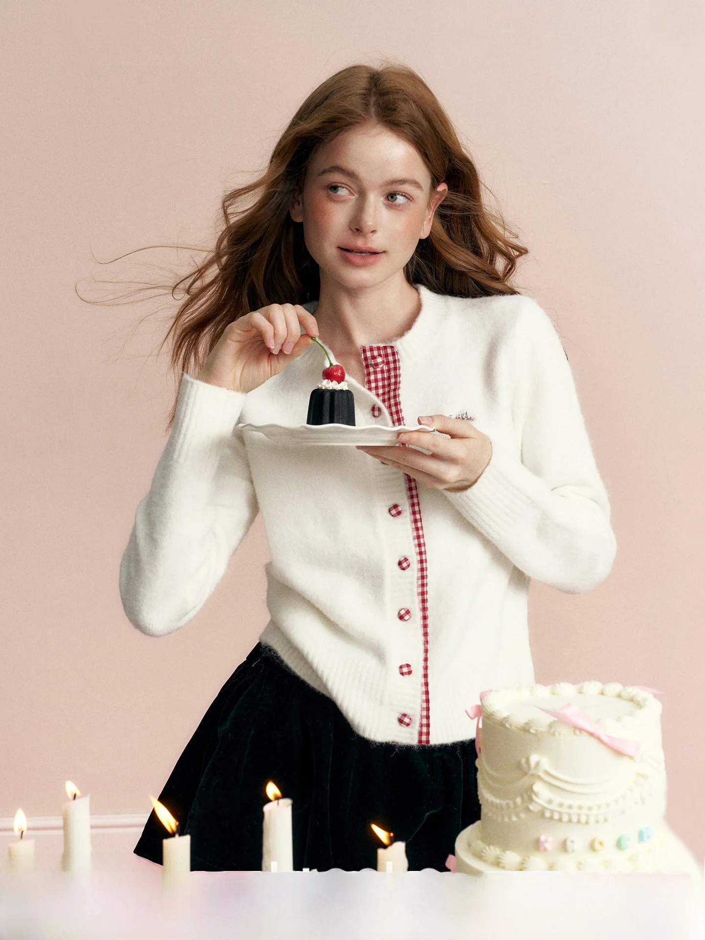 

Романтичный вязаный кардиган из шерстяной смеси с цветными блоками и клетчатыми вставками, круглый вырез, открытый перед, длинный рукав, женская мода