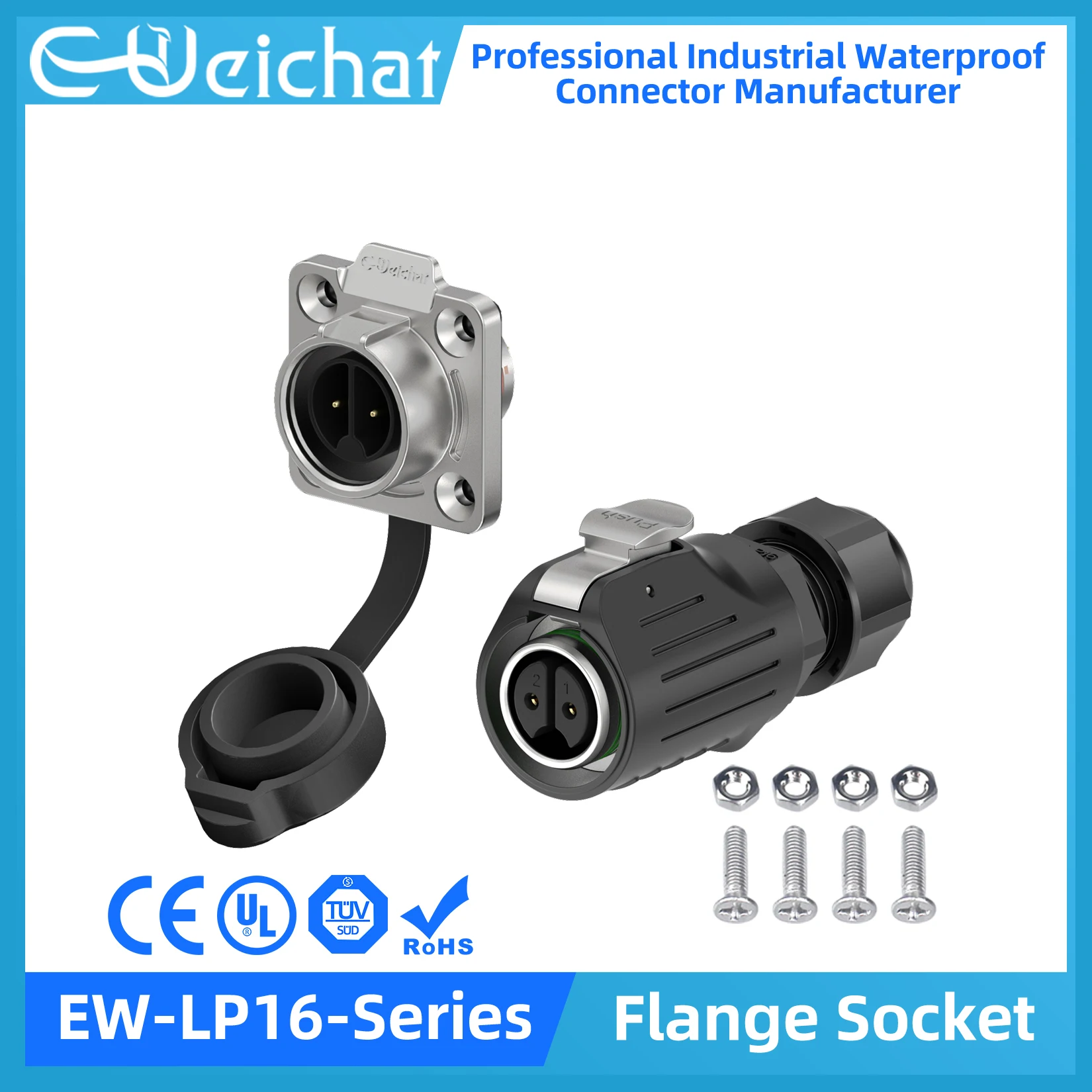 

EW-LP16 Waterproof Connector IP68 Industrial Circular Aviation Electrical Metal Shell Connector M16 2-9 Pin Flange Socket