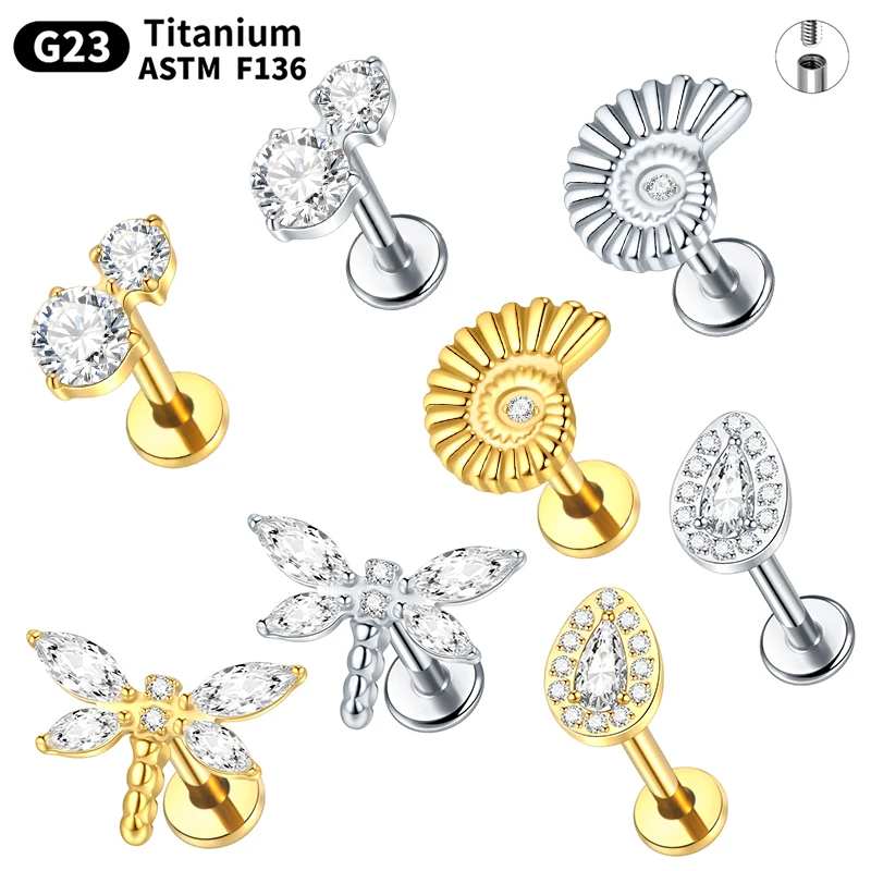 

1PC Titanium CZ Dragonfly Ear Cartilage Piercing Earring Helix Tragus Stud Flatback Labret Lip Piercing Jewelry for Women 16G