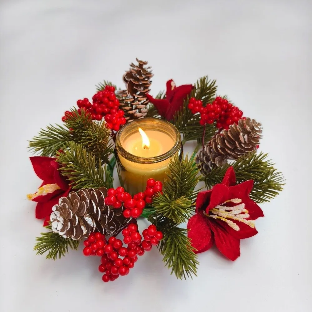 Red Berry Christmas Wreath Candlestick Pinecone Flower Artificial Wreath Candle Rings Home Ornaments Pine Needle