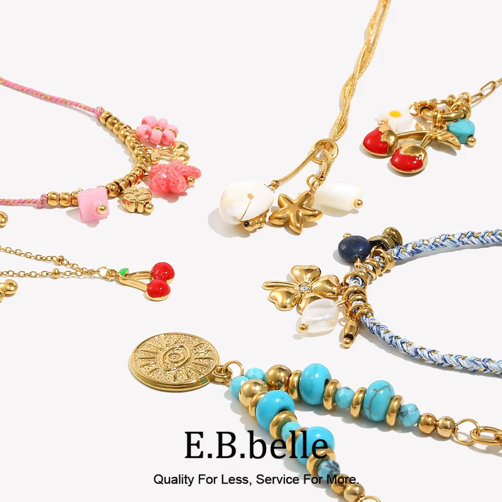 E.B.belle Oil-dripping Cherry Spring Buckle Bracelet Blue Turquoise Eye Coin Five-pointed Star Snake Chain Pendant Bracelet