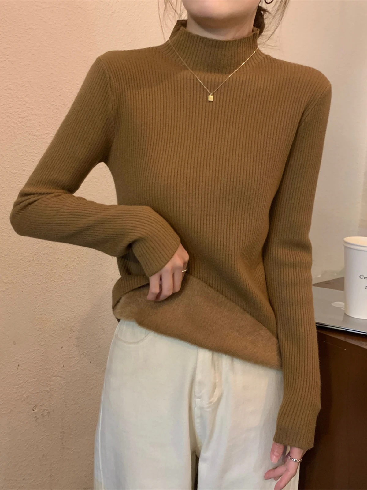 

Корейский утепленный вязаный свитер с высоким воротником, простой крой, женская приталенная толстовка, базовый топ, удобный лонгслив для зимы