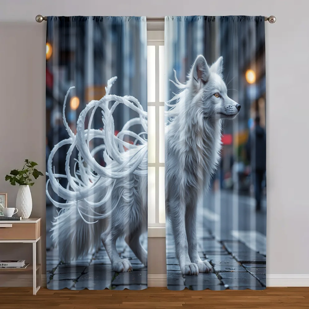 2pcs, Fashionable Curtains White Nine-Tailed Fox Polyester Woven (without rod) Decorations Outdoor for Bedroom, Living Room,