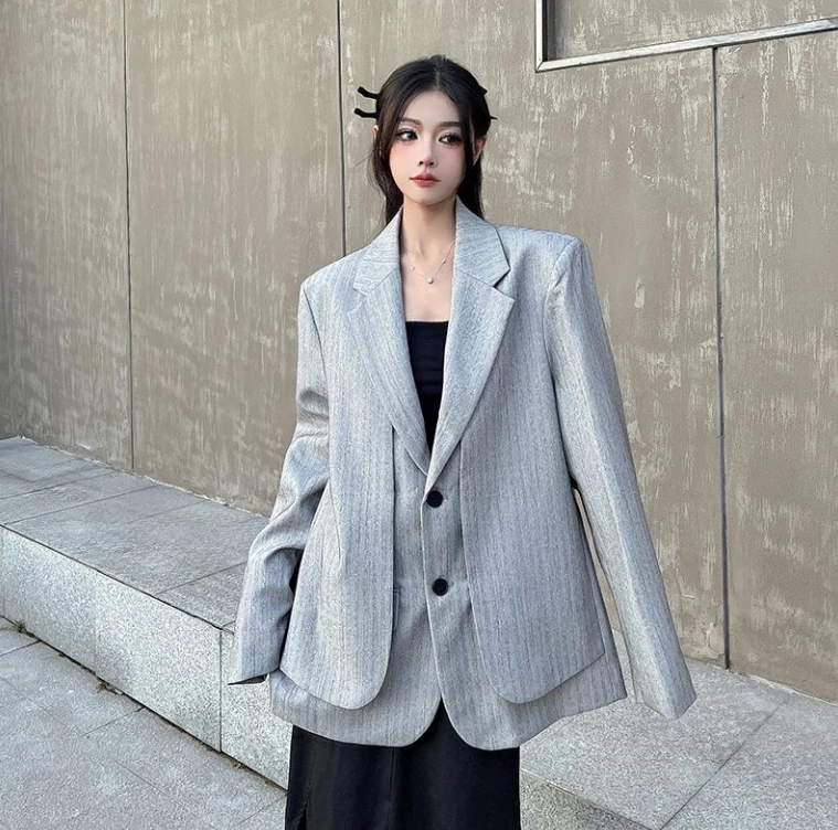 Fake Two-Piece Blazer For Women Spring Autumn New Style Oversized High-End Texture Unisex Padded Shoulder Top Black Jacket