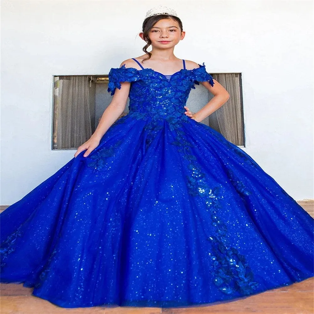 Royal Blue Flower Girl Dresses for Wedding Lace Appliques Sequins Girl Kids Birthday Party First Communion Gown Customized