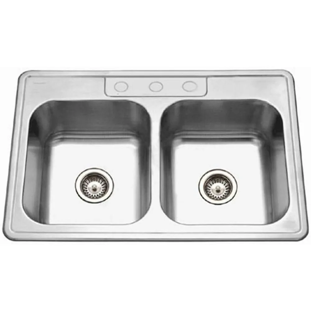 

3322-9BS3-1 Glowtone Series Topmount Stainless Steel 50/50 Double Bowl Kitchen Sink, 9-Inch Deep