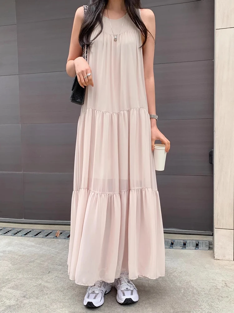 Chique verão doce personalidade em torno do pescoço emenda camadas solto casual longo chiffon colete vestido estilo coreano c...