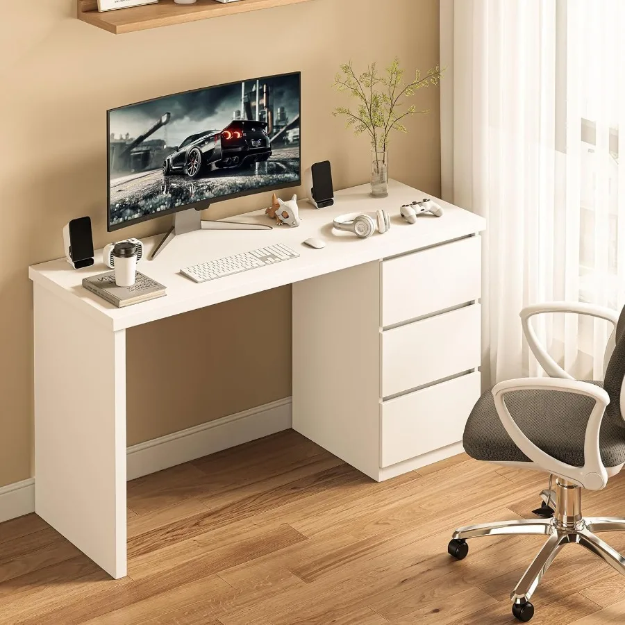 White Desk with Drawers 47'' W Home Office Desk Gaming Table Modern Vanity Desk with Storage Wood Computer Desk Writing Worksta