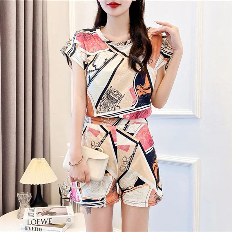 Japanese Color Contrast Fashion Graphic 2 Piece Sets Womens Outfits Summer Soft Comfortable Loose Shirt Shorts Pants Office Lady