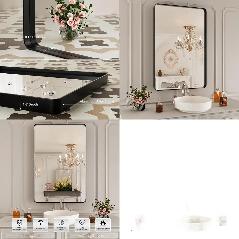 

Прямоугольное матовое черное зеркало для ванной комнаты в рамке, 24x36 дюймов, подходит для настенного монтажа туалетного столика, горизонтальная или вертикальная установка