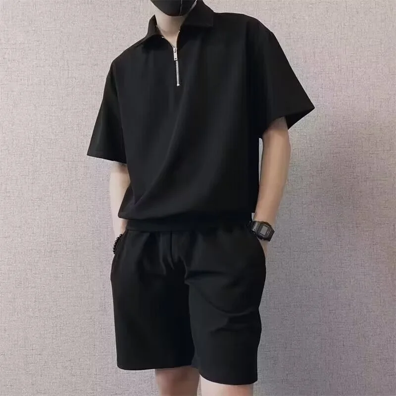 صيف جديد موضة الرجال بلون عادية العصرية فضفاض 2 قطعة مجموعات قصيرة الأكمام قمصان بولو طول الركبة السراويل الذكور الملابس