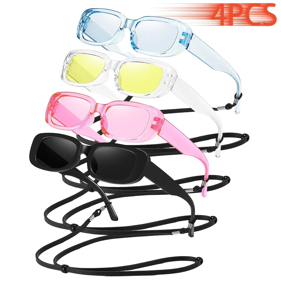 4 Stück mit Kette, Vintage-Marken-Designer-Sonnenbrille mit kleinem rechteckigem Muster, Damen, lässig, Strandmode, bunt, Unisex-Brillen