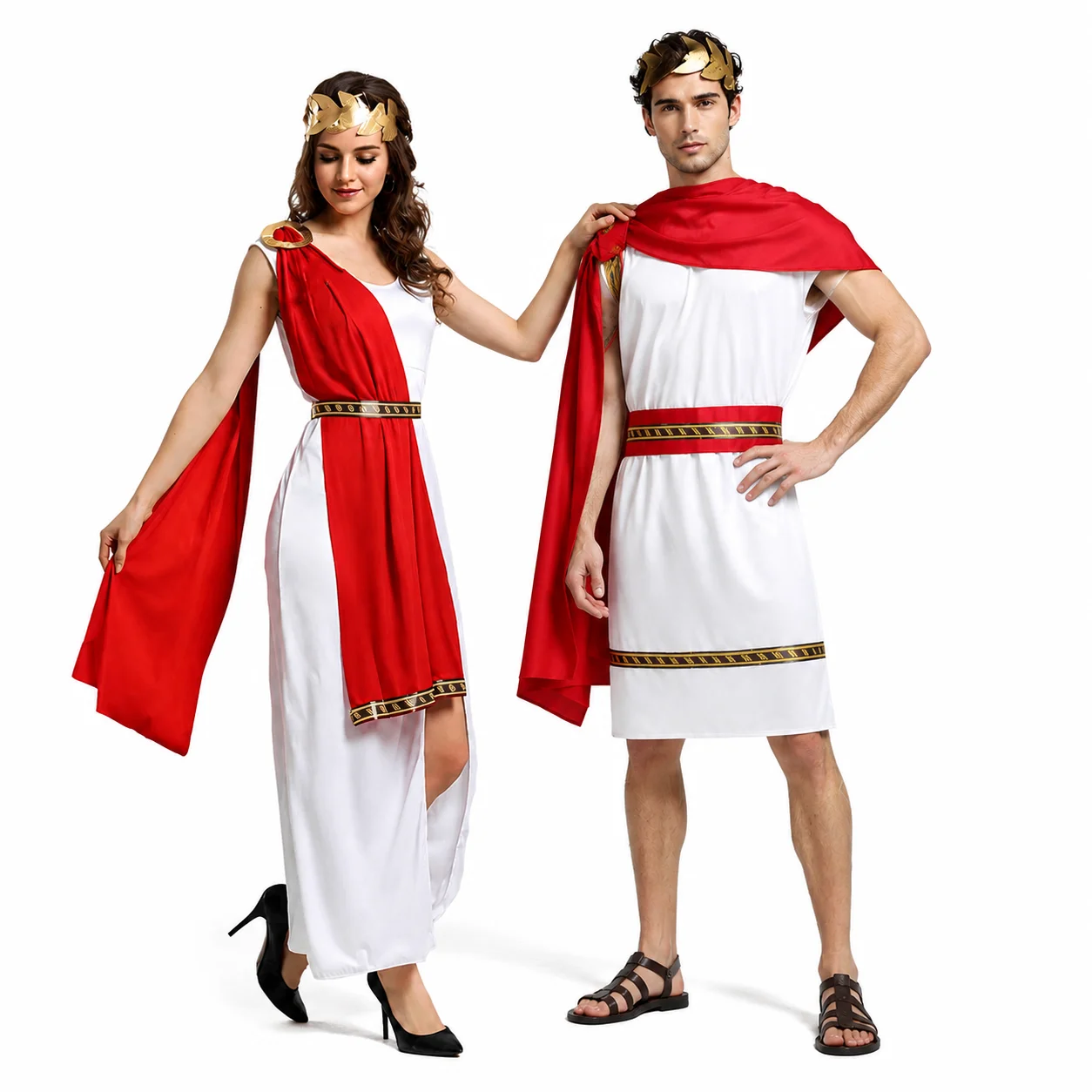 Halloween Cosplay Roman Greek Costume Adult Men Women Couple Toga White Tunic Red Cape Gold Wreath Carnival Outfit Set