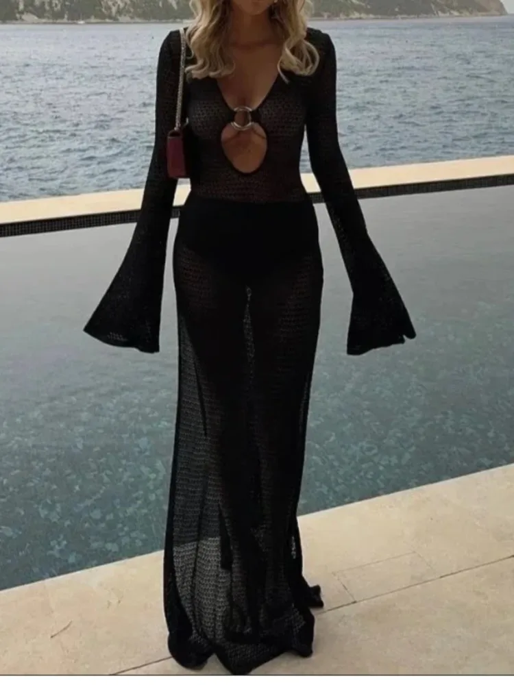 Autumn New Sexy Style V-neck Transparent Flared Sleeve Button Wrap Hip Skirt Women's Intellectual Style Solid Color Long Skirt
