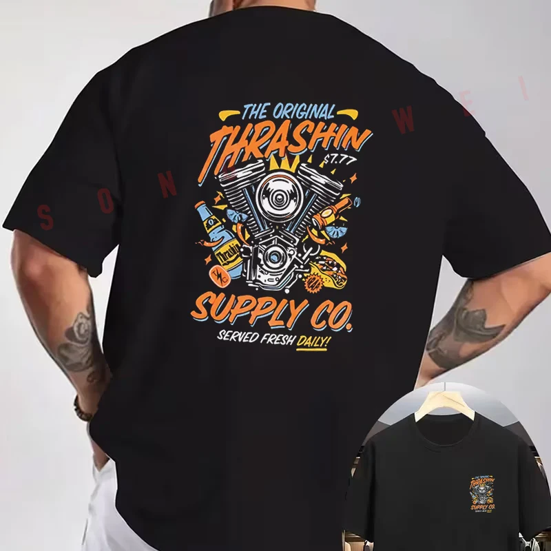 2026 Men's Oversized T Shirt Vintage Motorcycle Engine Graphic Print Short Sleeve Cotton Unisex Tee