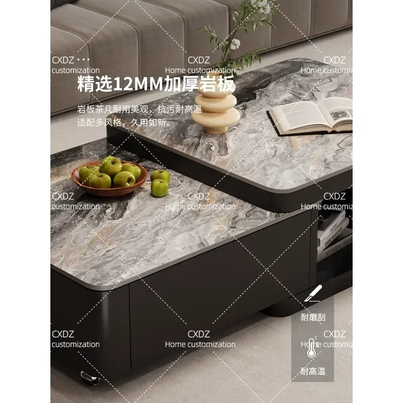 Foldable Modern Simple Rock Slab Coffee Table with Locker Rectangular Telescopic Design with Pulleys for Living Room Small